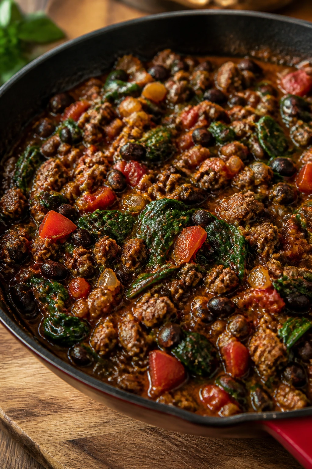 Skillet with beef, black beans, tomatoes, and spinach