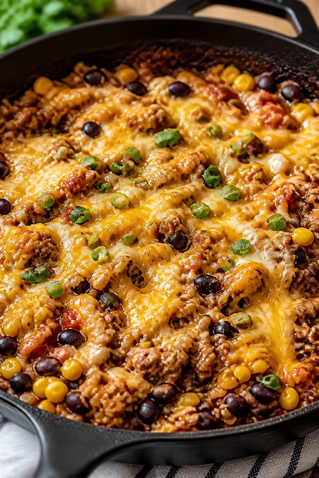 Close-up of cheesy taco skillet with meat, beans, corn, and cheese