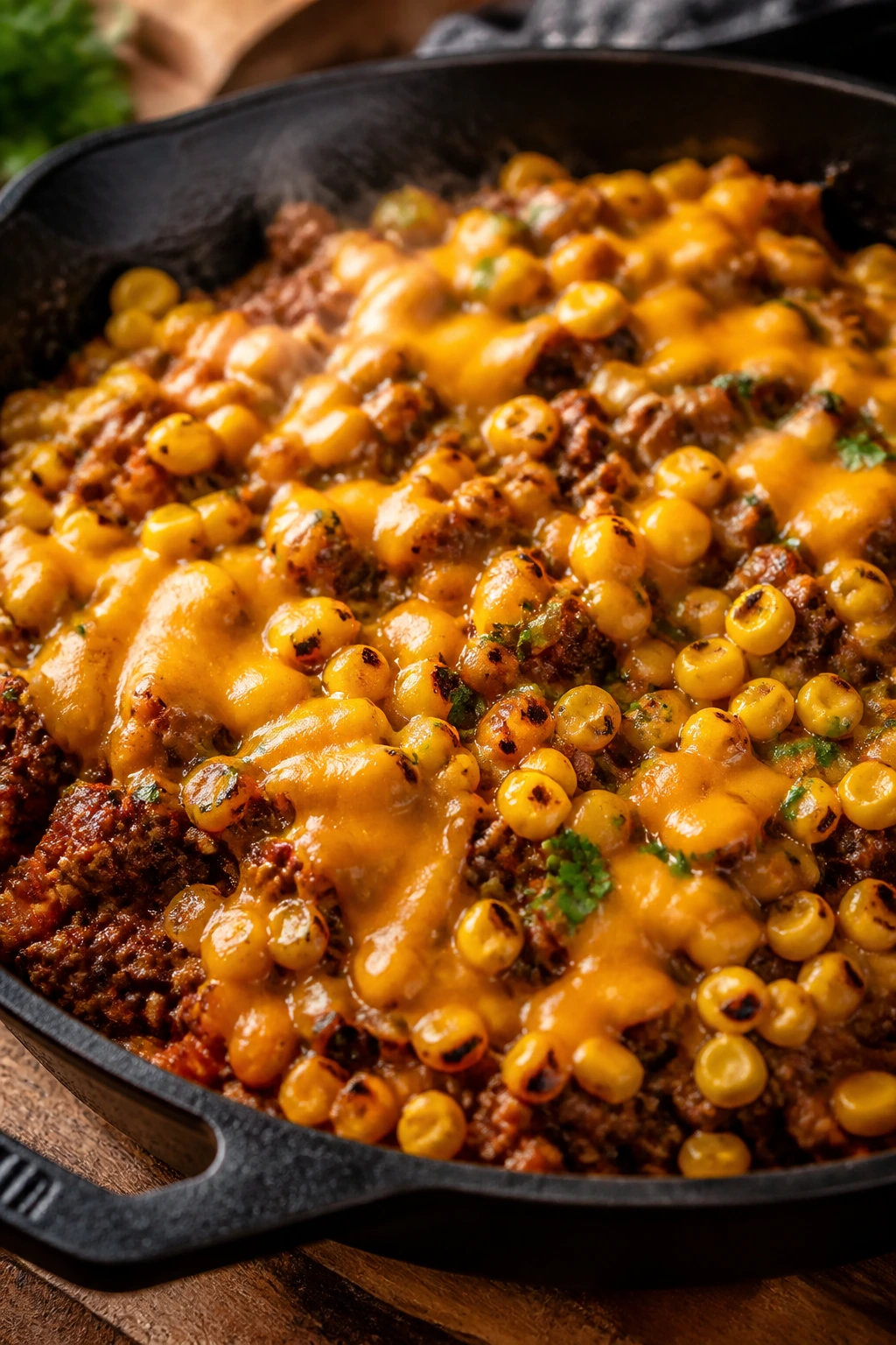 Skillet of browned beef with melted cheese and charred corn.