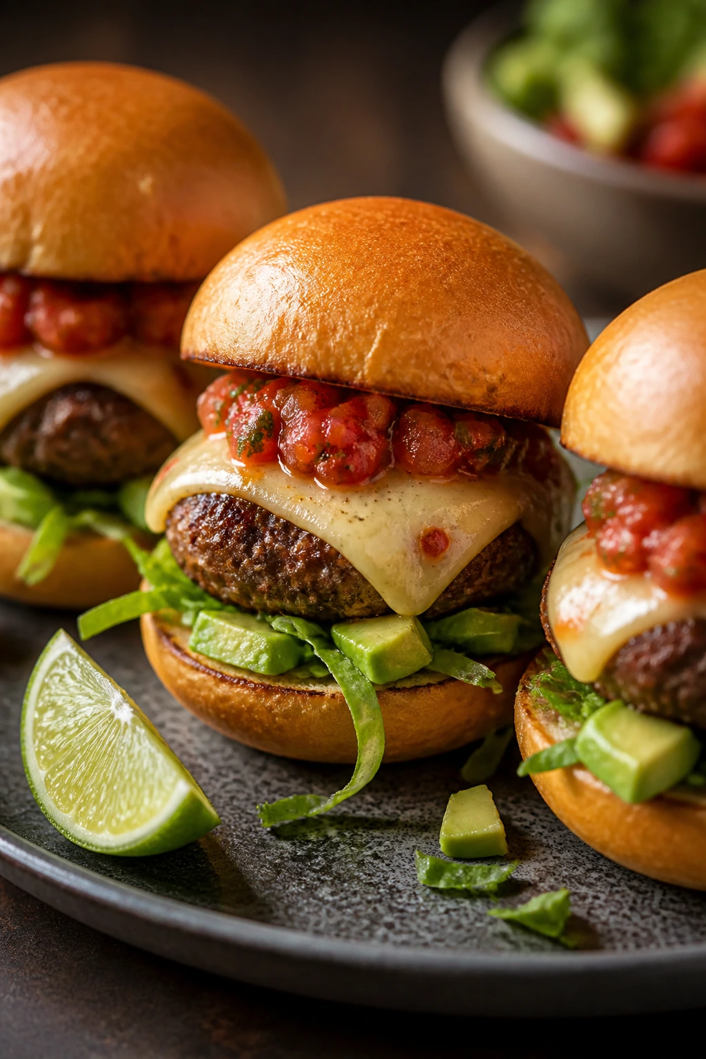 Taco-spiced sliders with pepper jack and salsa.