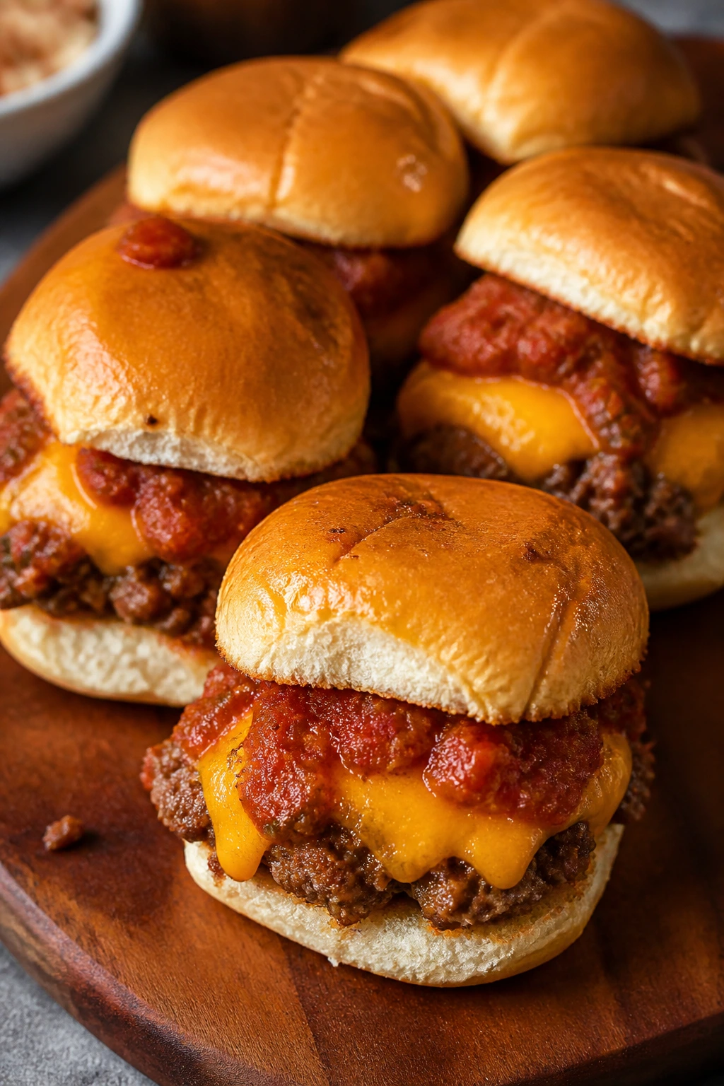Close-up of taco-flavored cheeseburger sliders with salsa