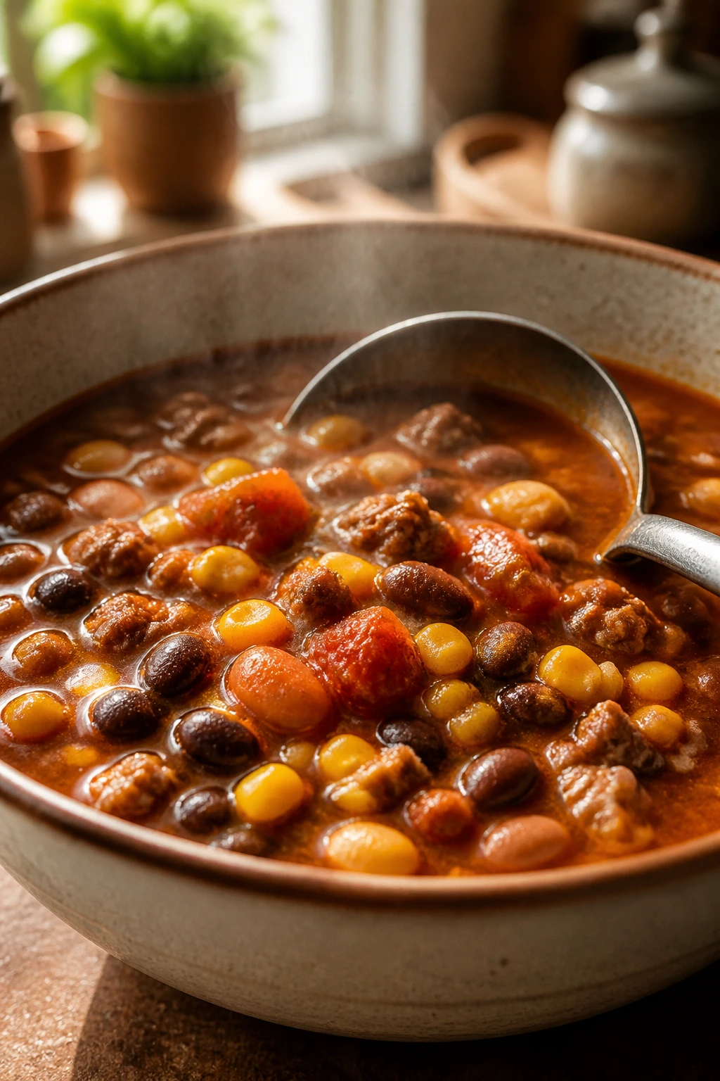 Close-up of Hearty Taco Soup in a bowl with beans and corn