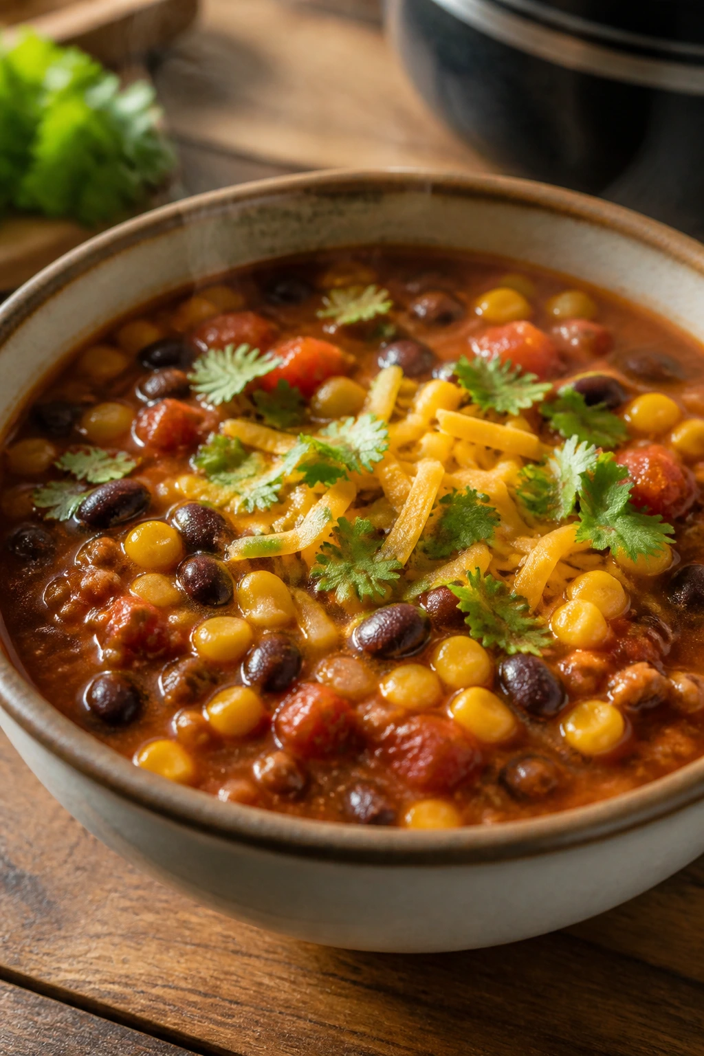 Steaming bowl of taco soup with beans, corn, beef and cheese topping