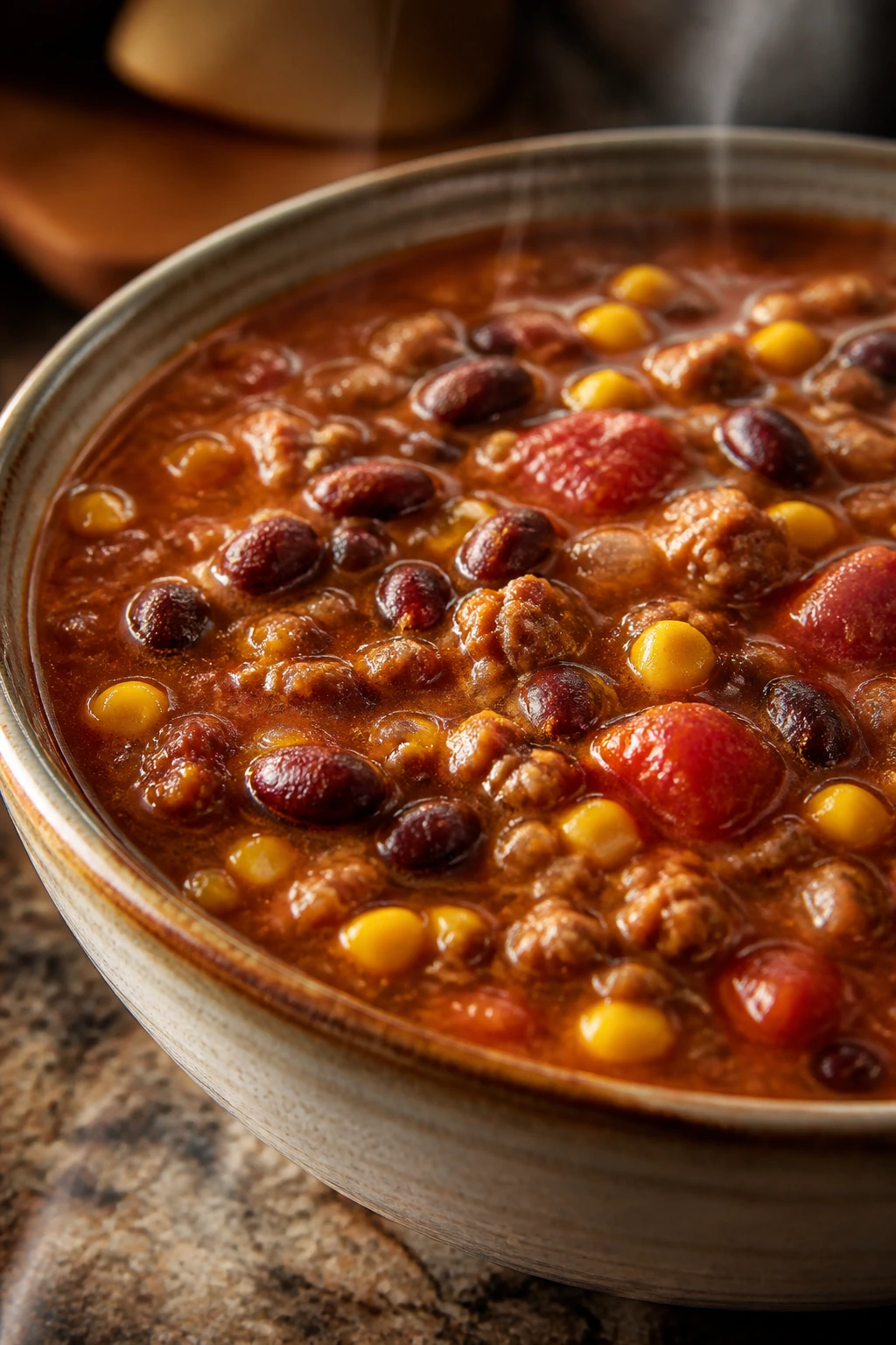 Steaming bowl of taco soup with beans and corn