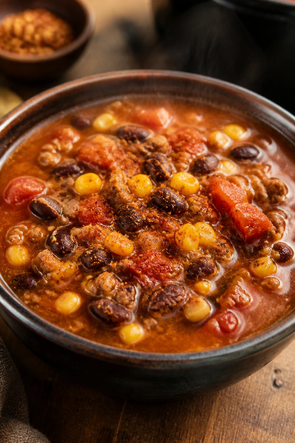 Close-up of steaming taco soup in a bowl with black beans and corn on a wooden table