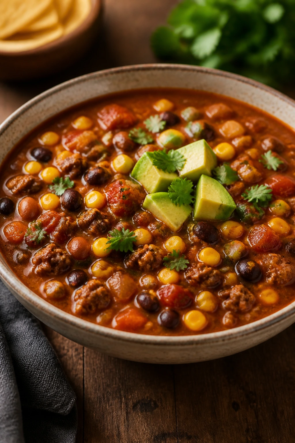 Taco soup with beans and corn in a rustic bowl