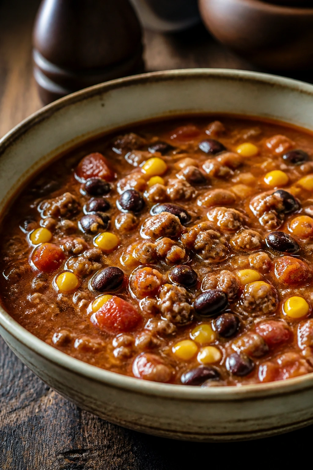 Steaming taco soup with corn and black beans in a bowl