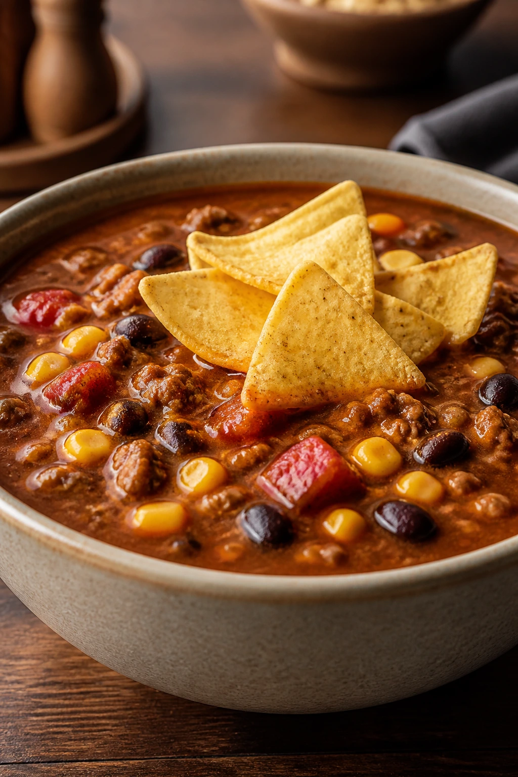 Bowl of taco soup with beans and corn topped with tortilla chips on a wooden table