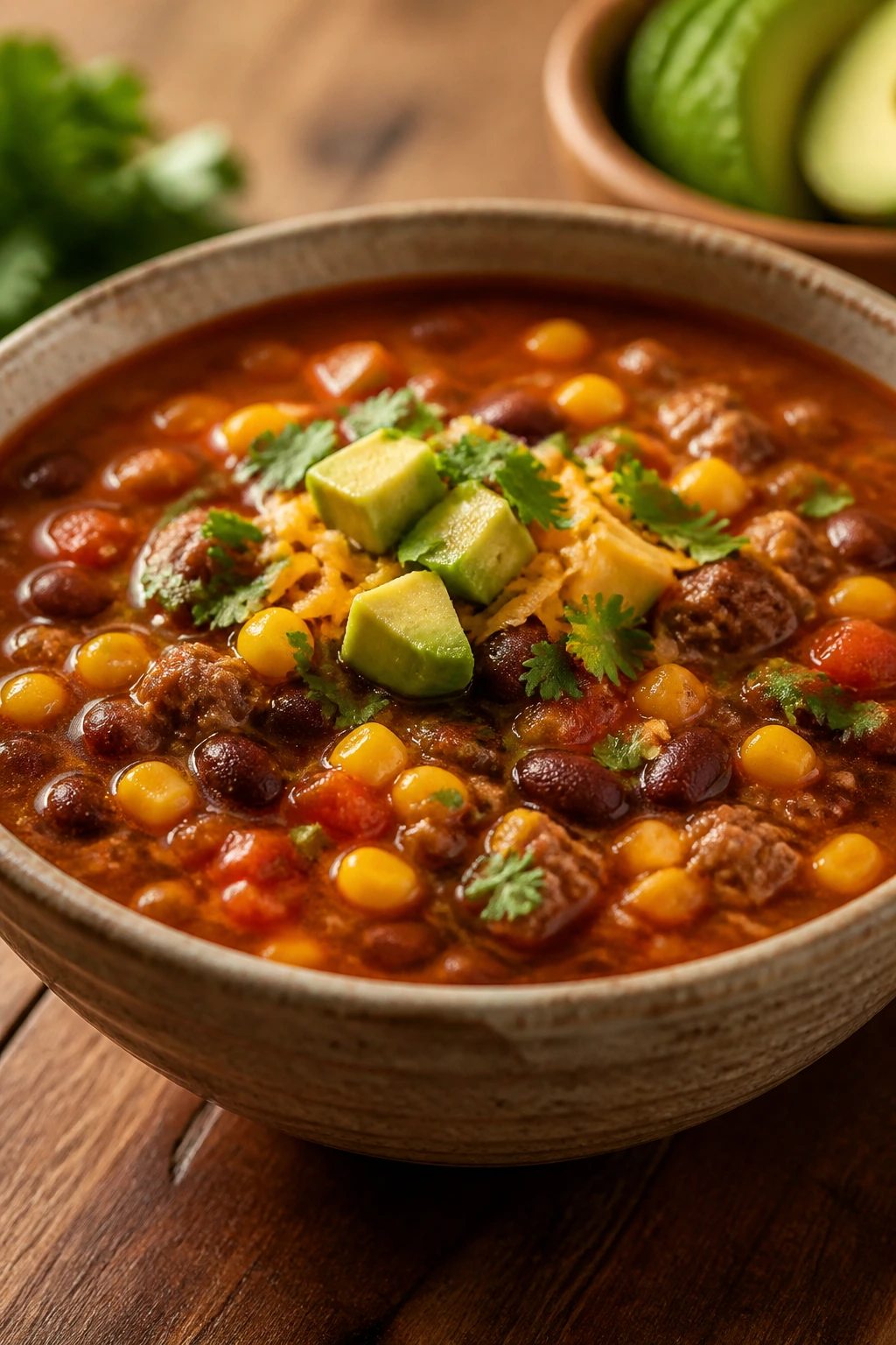 Hearty taco soup with beans, corn, and beef in a bowl.