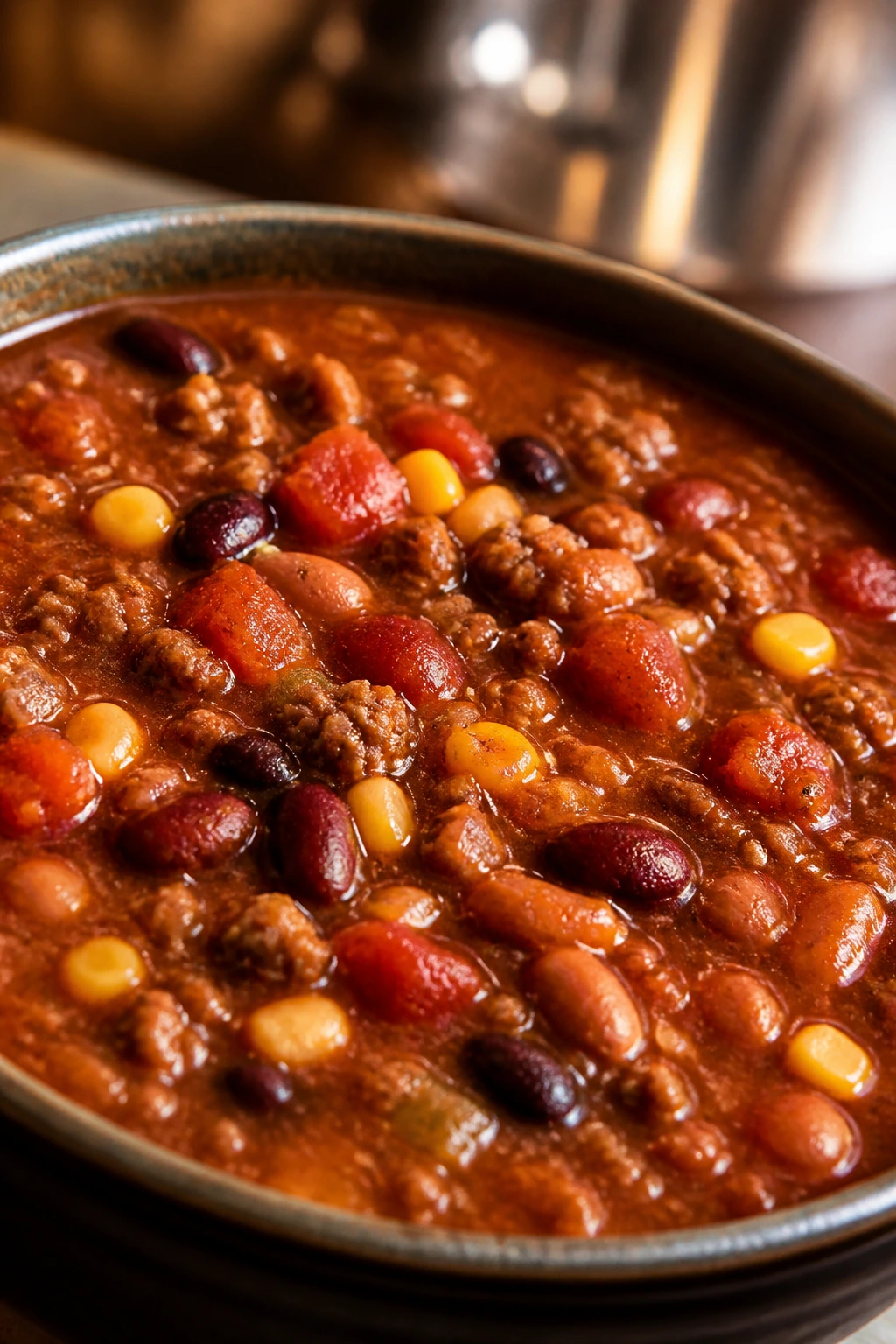 Close-up of taco soup in a bowl with beans and meat