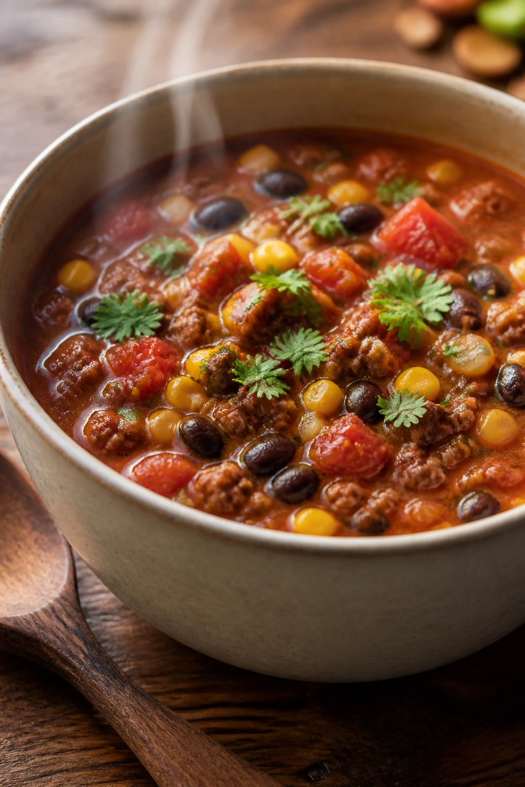 Steaming bowl of lean beef taco soup with beans and corn