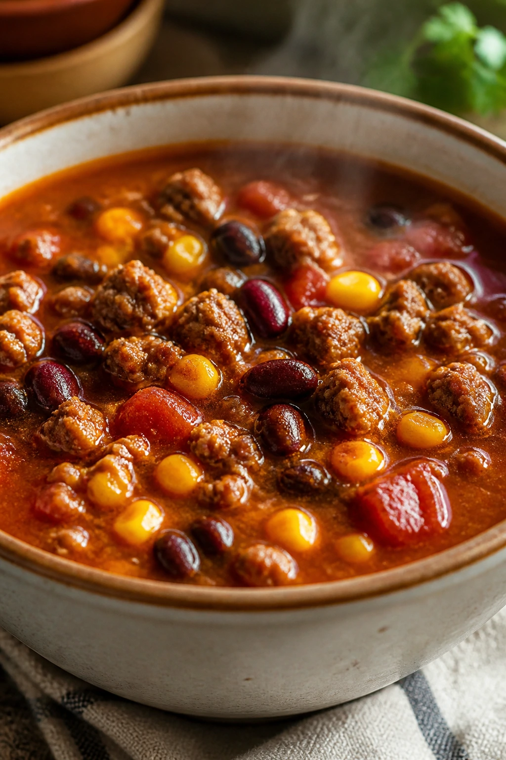 Taco soup with beef and sausage with beans and corn