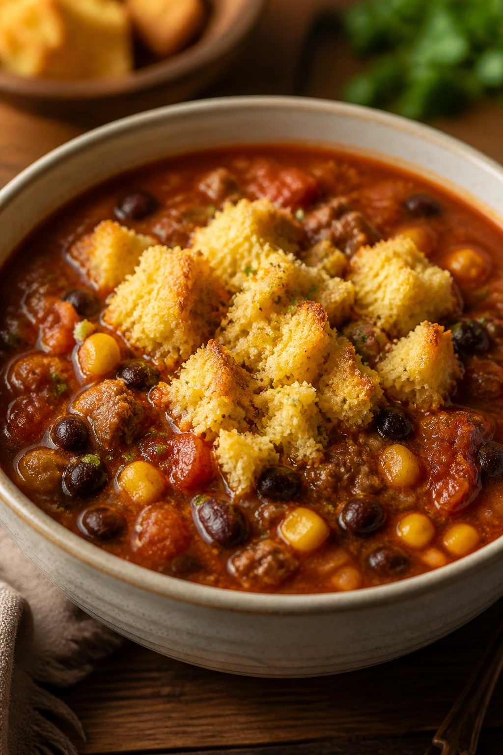 Taco soup with cornbread toppers in a bowl