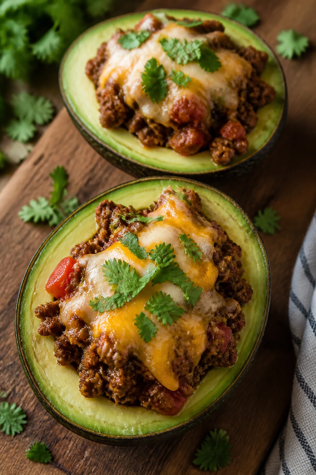 Close-up of taco-stuffed avocado halves on a wooden board