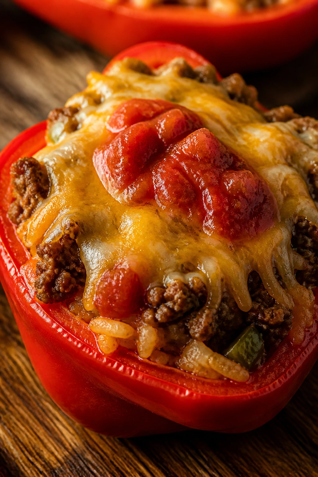 Close-up of taco stuffed bell pepper on wooden table