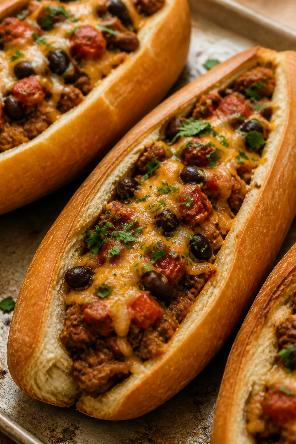 Close-up of taco-stuffed French bread boats.