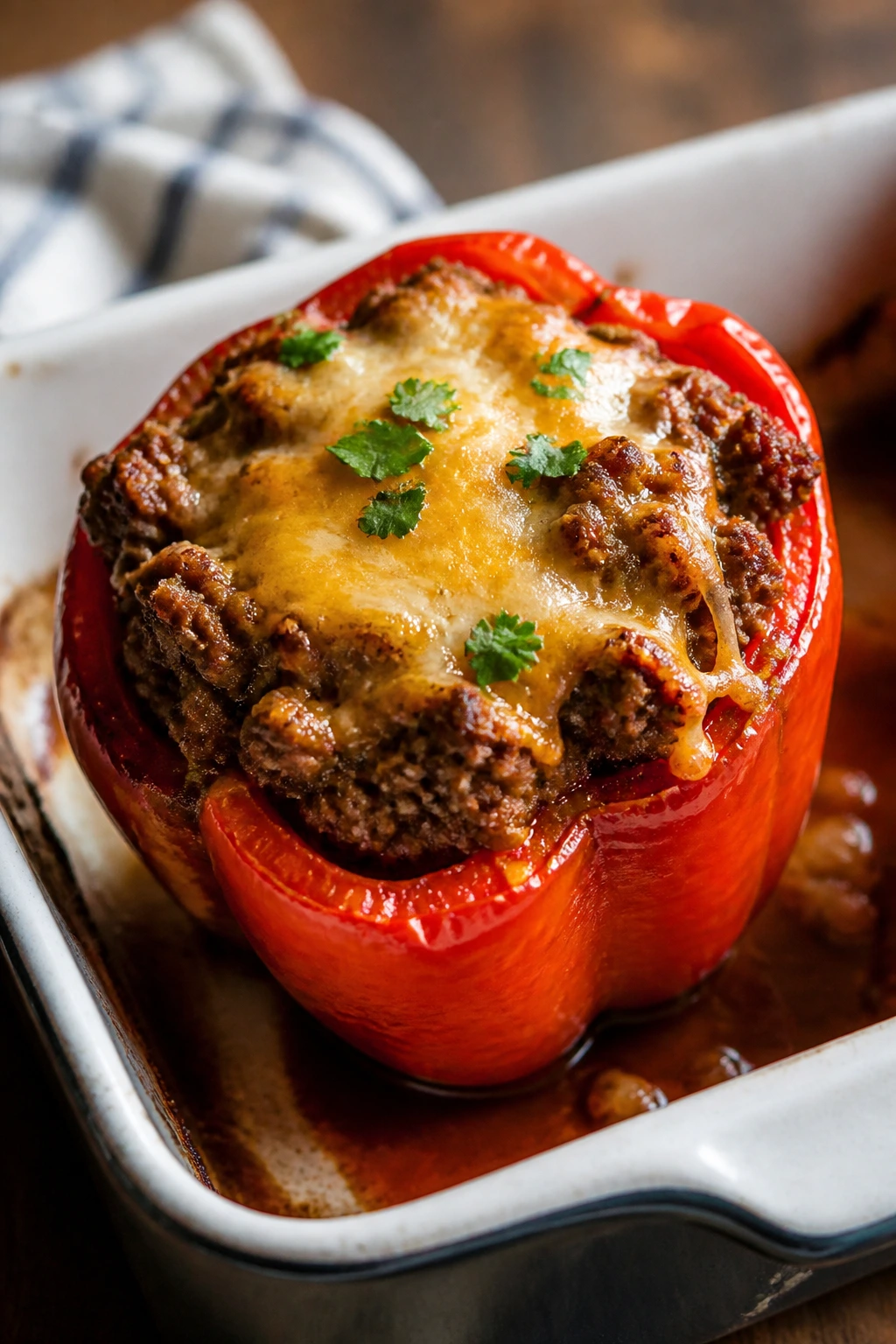 Stuffed bell pepper with meat and cheese in baking dish