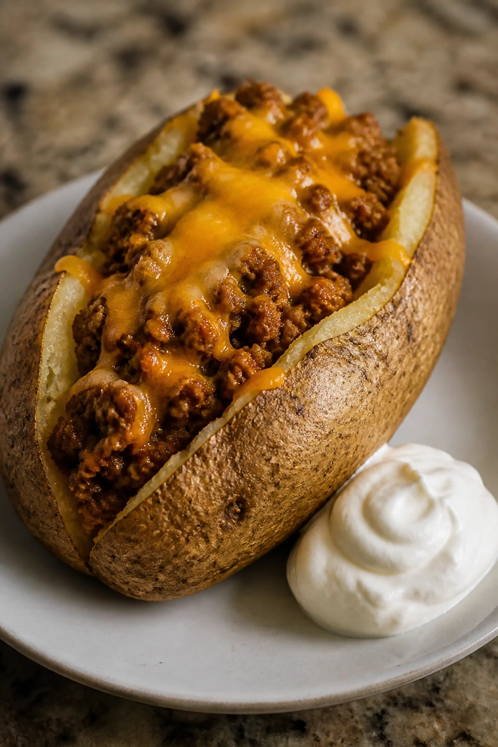Baked potato stuffed with beef and cheese on a simple plate.