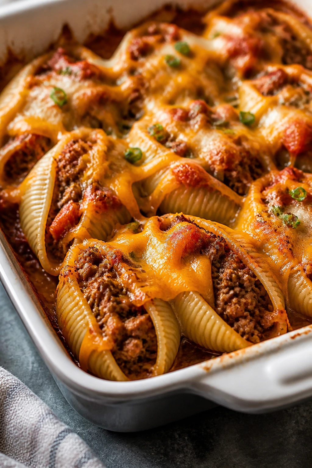 Taco stuffed shells in a baking dish