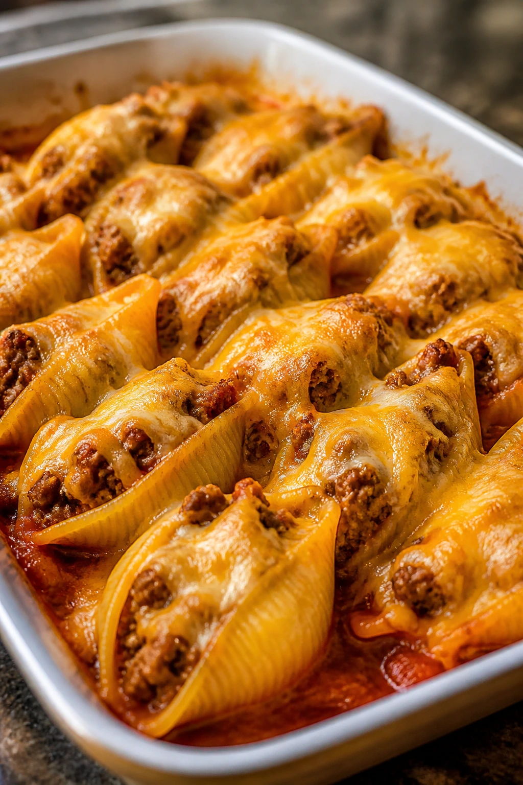 Taco Stuffed Shells in baking dish with beef filling and cheese.
