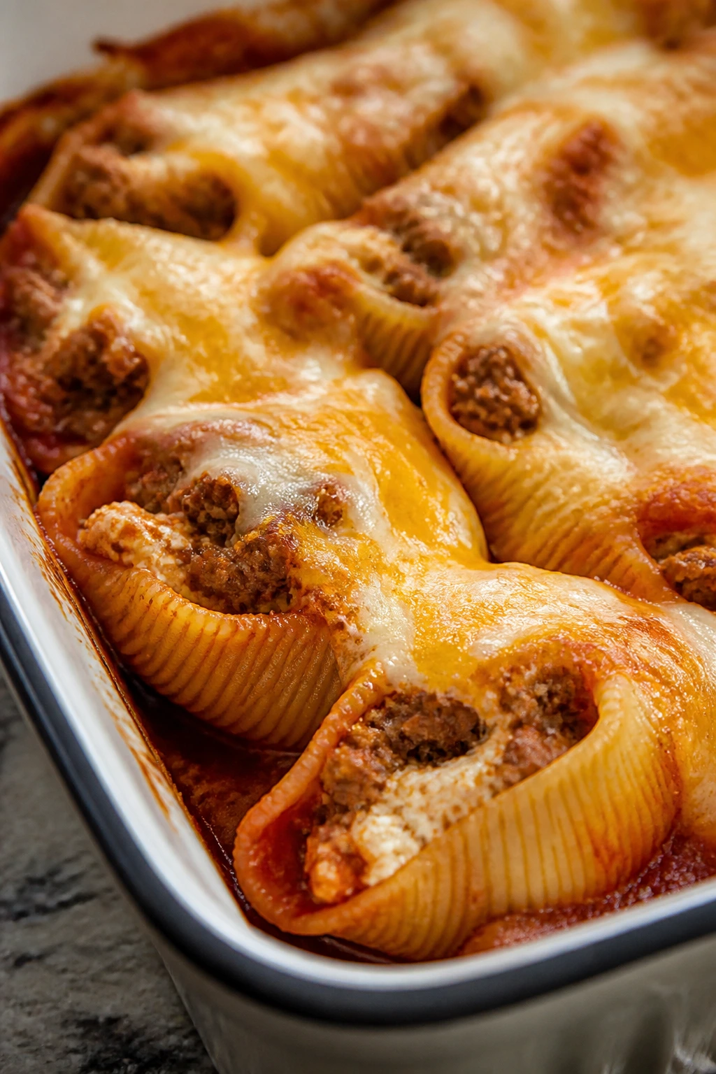 Taco-stuffed shells with meat filling and melted cheese
