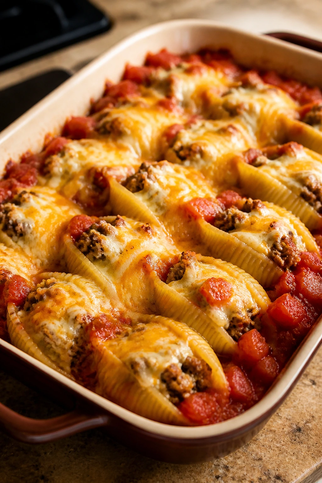 Close-up of taco stuffed pasta shells in a baking dish