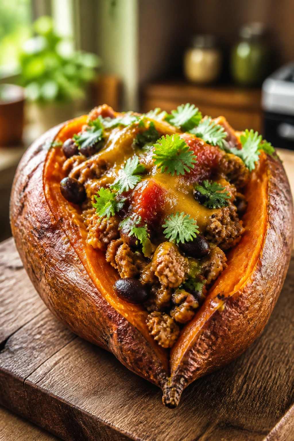 Close-up of a baked sweet potato stuffed with turkey, beans, salsa and cheese