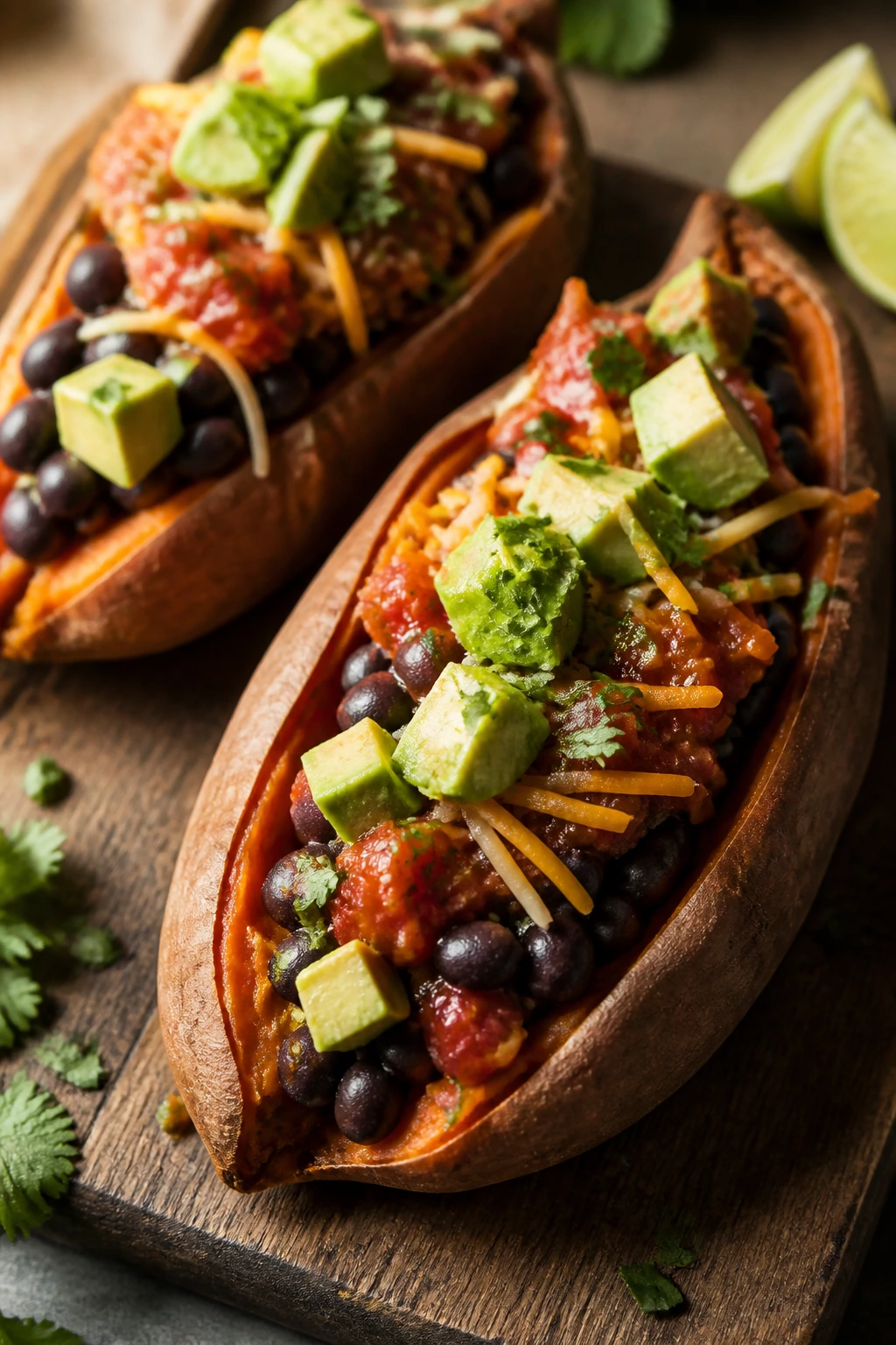 Stuffed sweet potatoes with beans, salsa and avocado