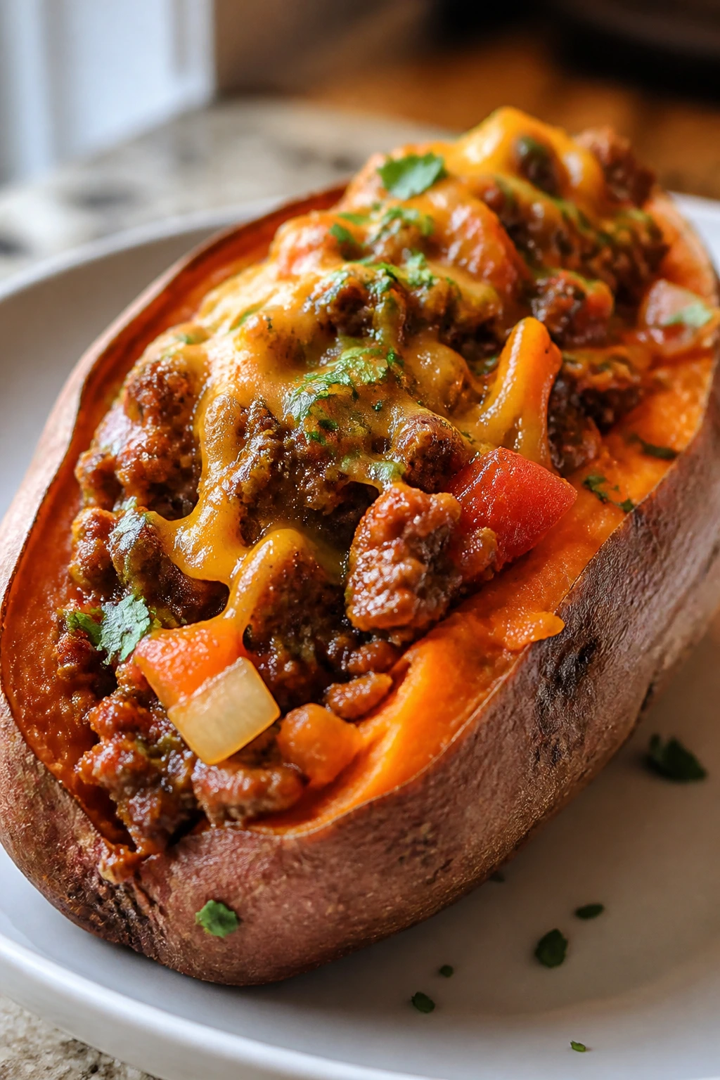 Close-up of taco stuffed sweet potatoes with beef and cheese