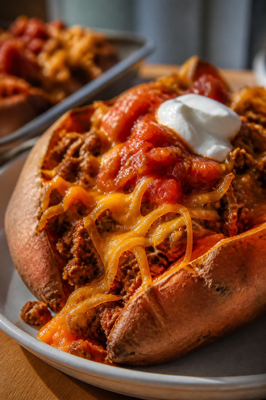 Close-up of a stuffed sweet potato half with taco filling on a plate
