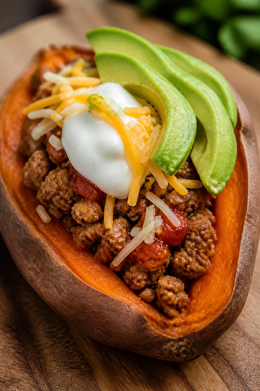 Close-up of a taco stuffed sweet potato half topped with yogurt and avocado on a wooden board