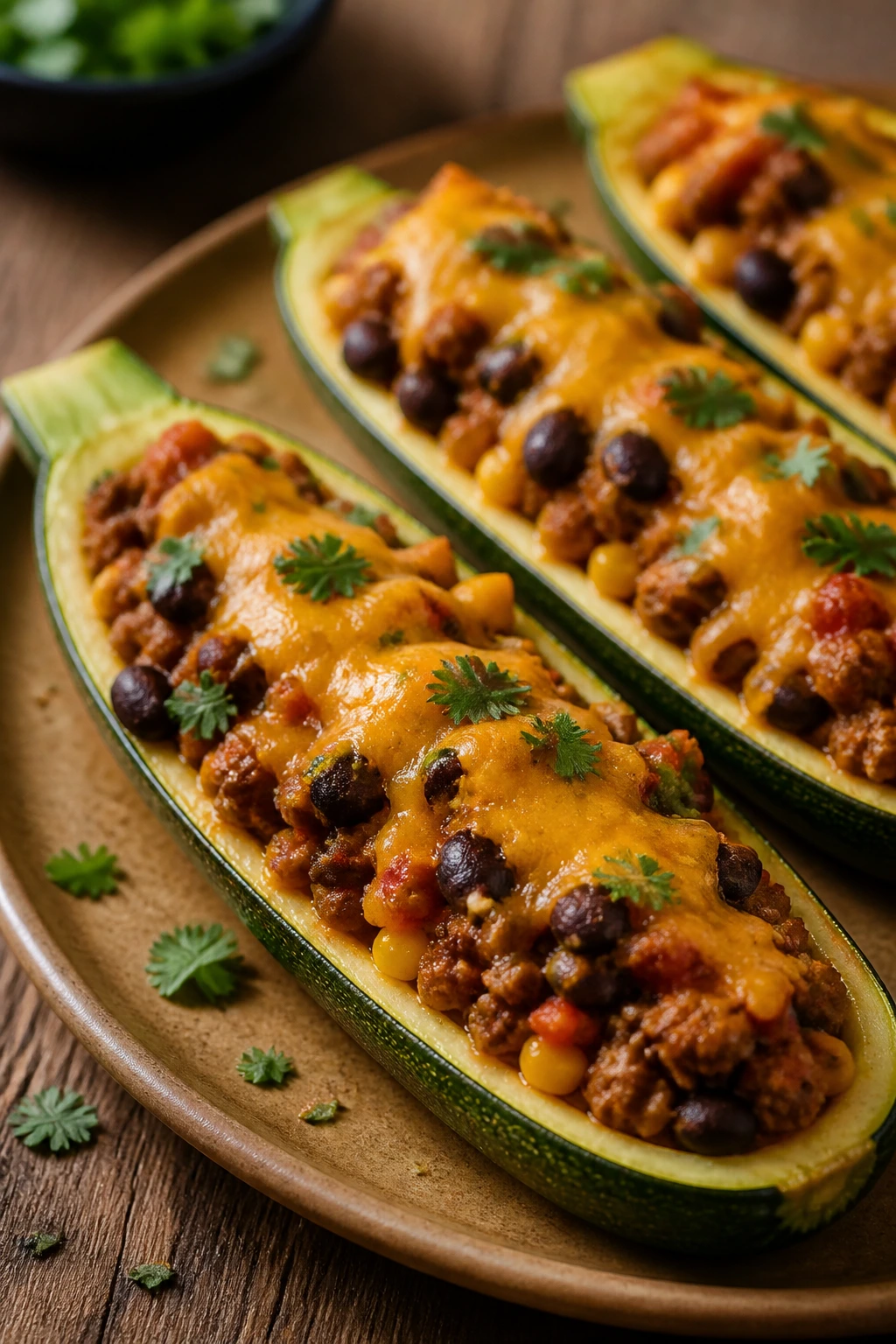 Zucchini boats filled with taco meat and cheese on a plate