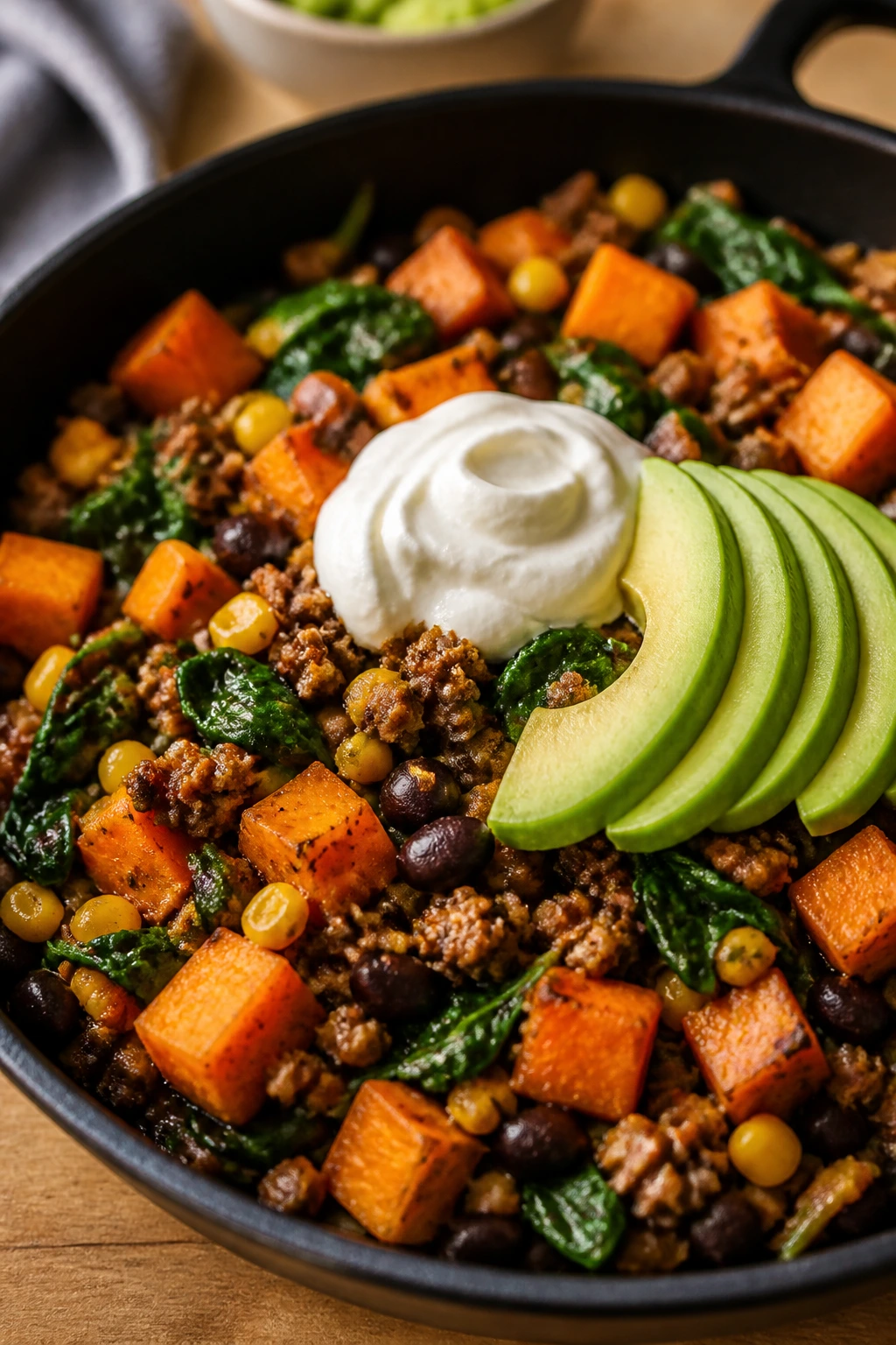 Close-up of taco-inspired sweet potato skillet with beef and toppings