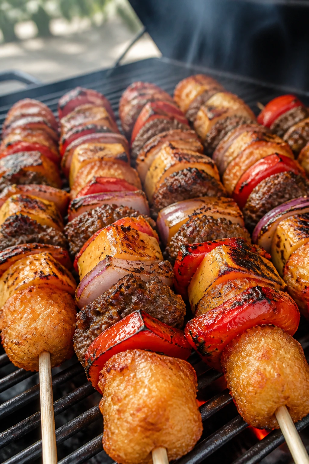 Close-up of taco-tasting tater tot skewers on a grill