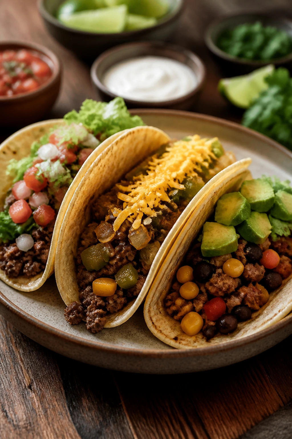 Three beef tacos with different fillings on a rustic plate showing variations.