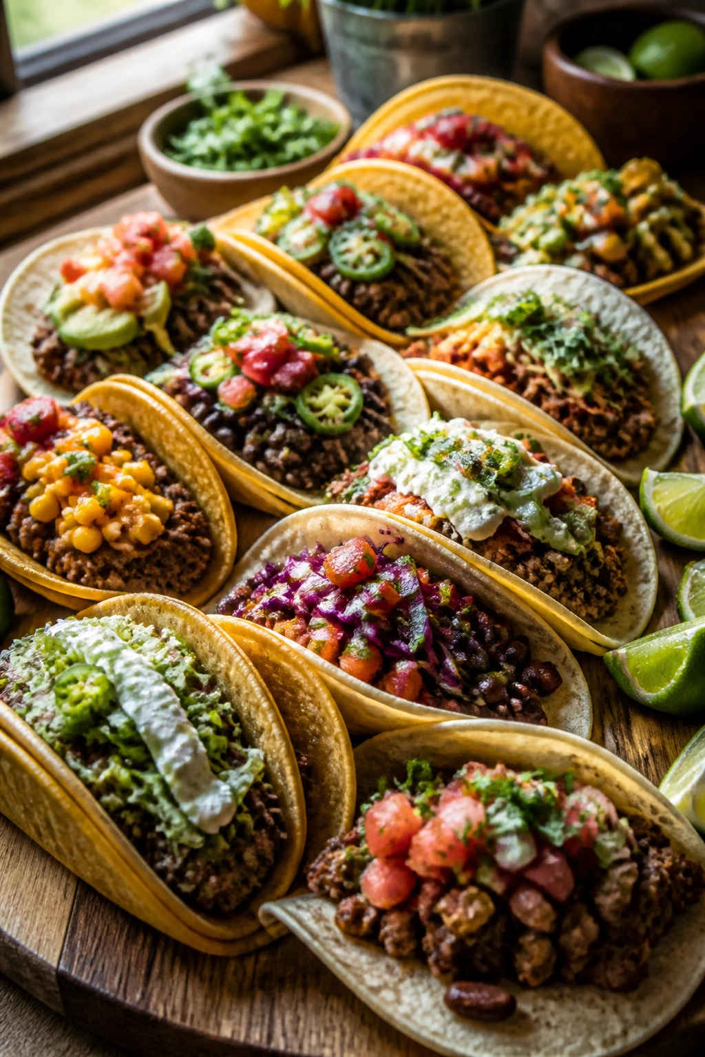 Rustic board with diverse beef tacos and toppings illustrating variations for a crowd