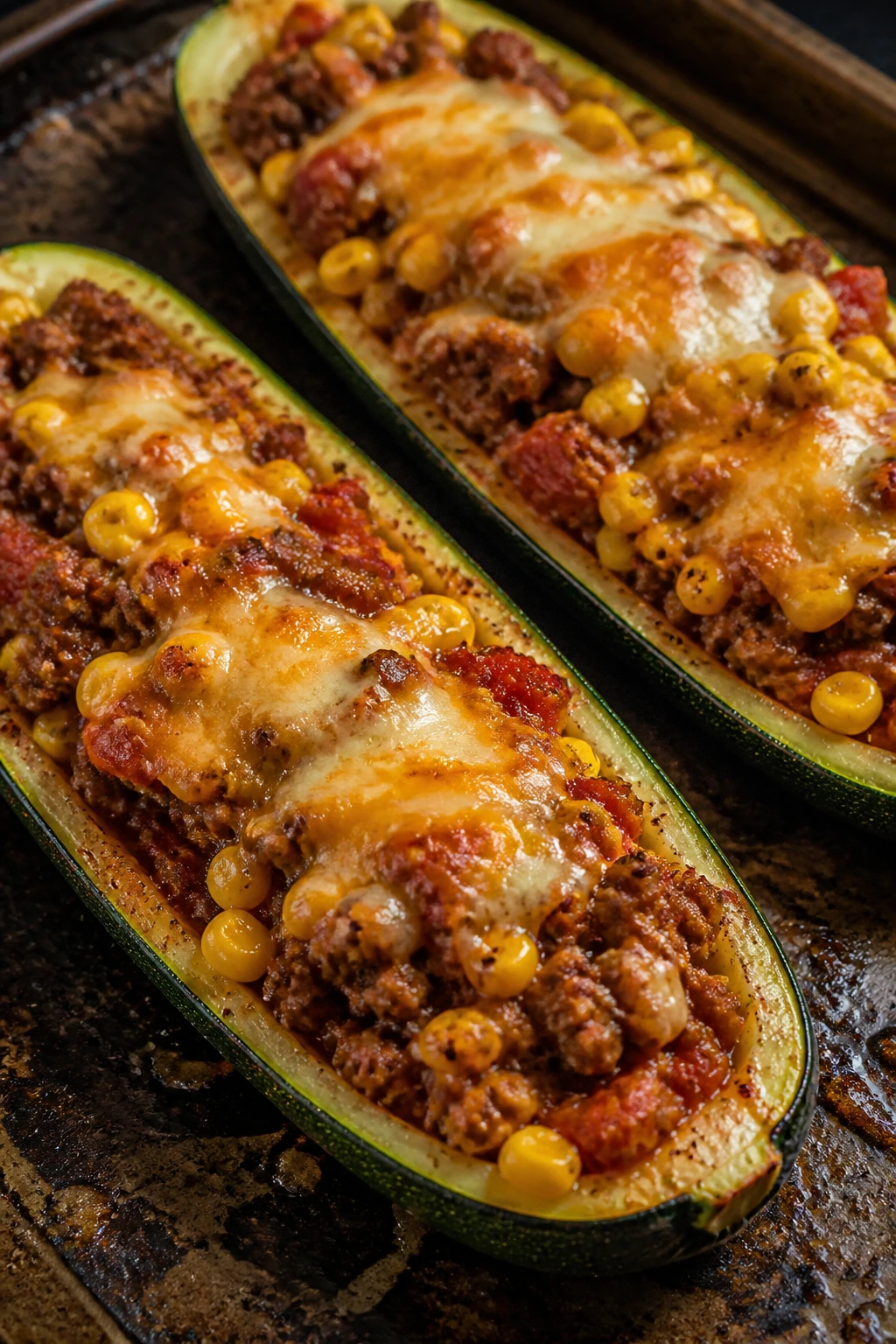 Zucchini boats stuffed with beef, corn, salsa, and melted cheese