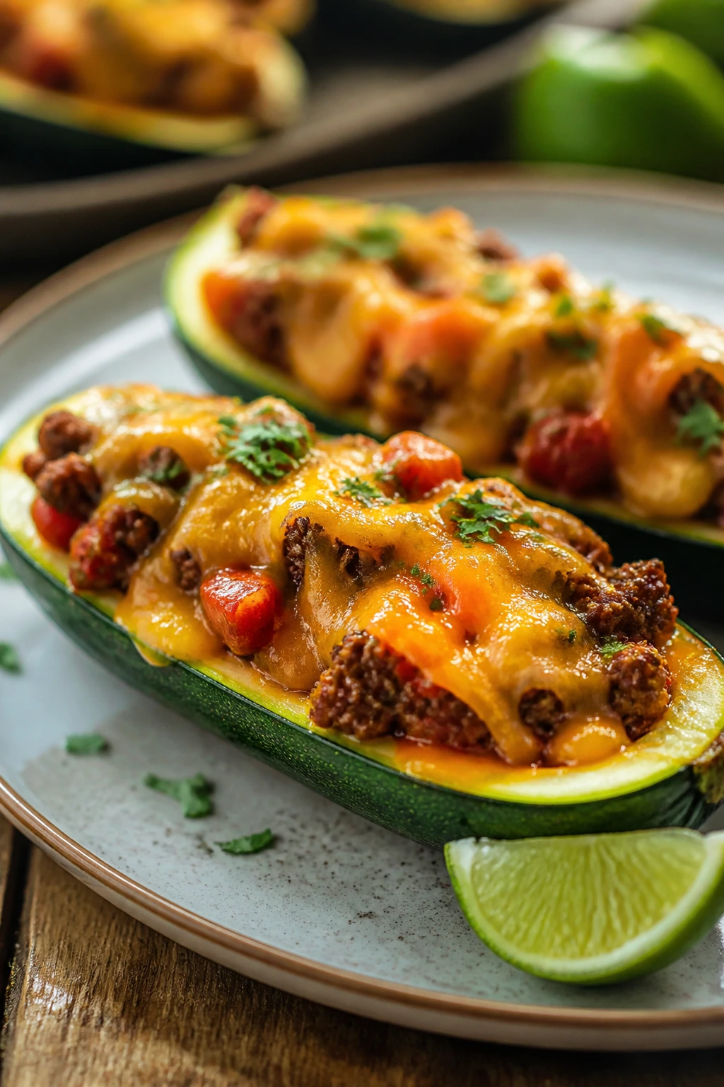 Zucchini boat stuffed with taco beef and melted cheddar on a plate