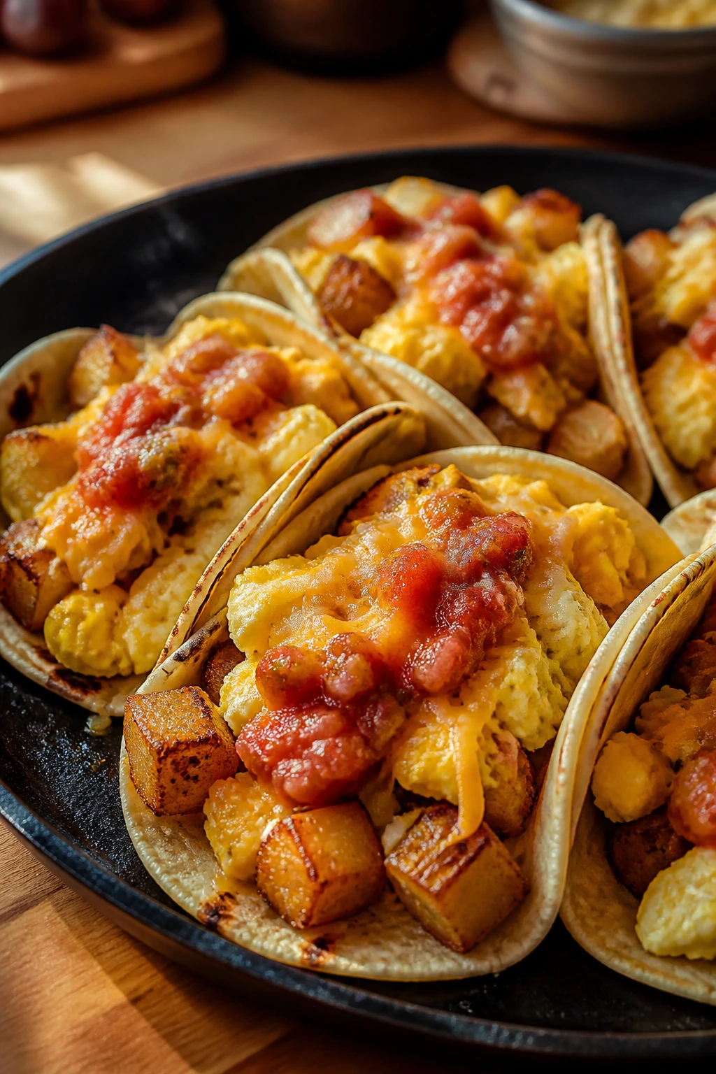 Close-up of savory breakfast tacos on a skillet in a bright kitchen