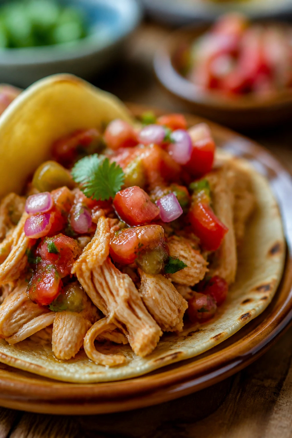 Close-up of a chicken taco with salsa on a rustic plate in warm light