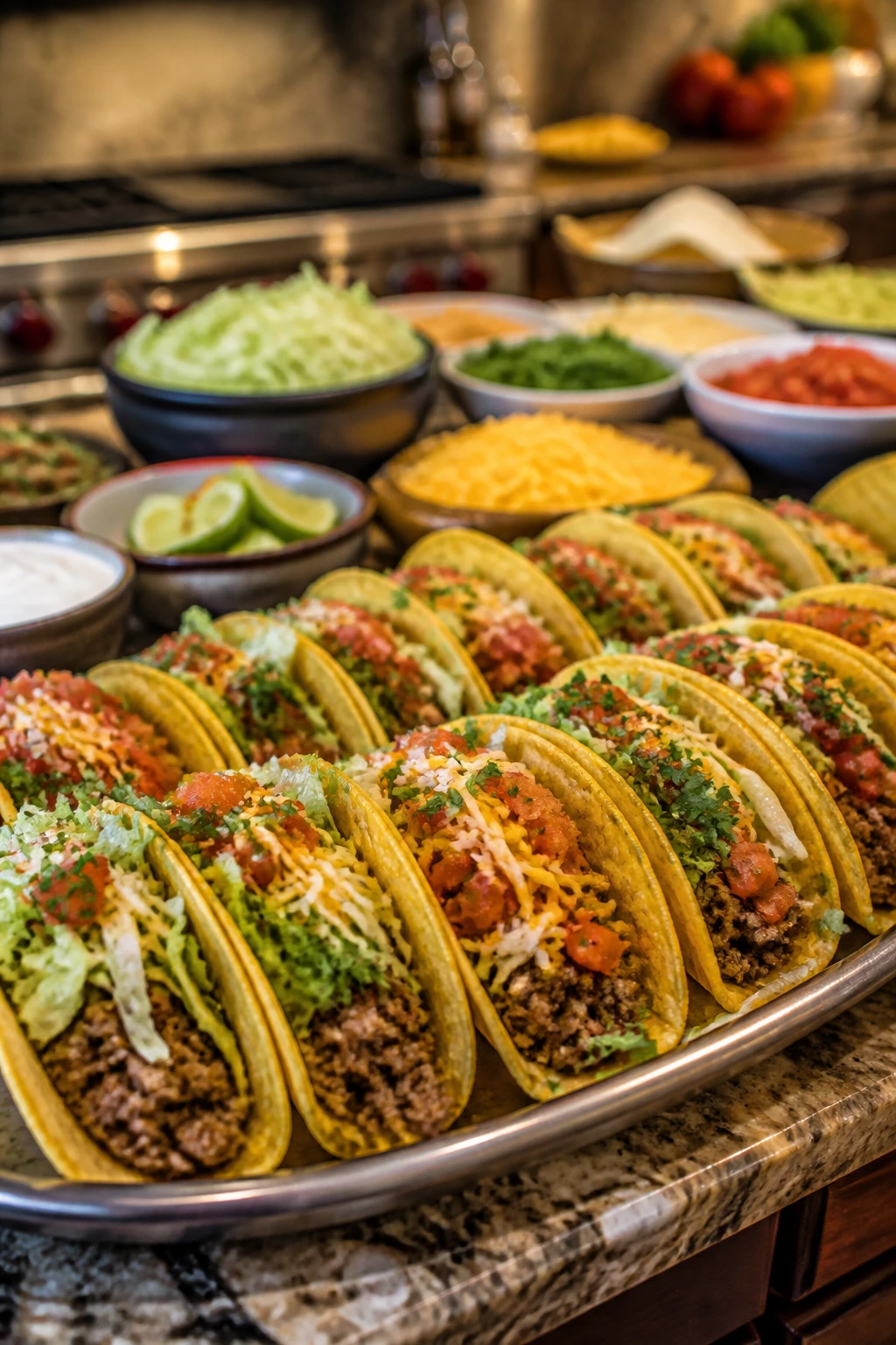 Beef tacos for a crowd on a long platter