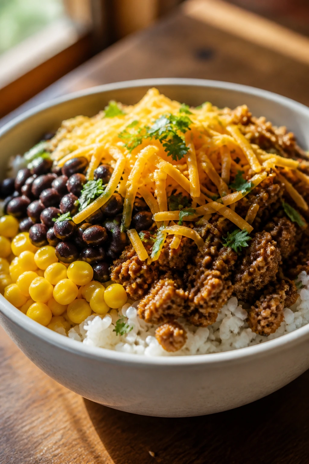 Close-up of a colorful taco rice bowl with rice, beef, beans, and cheese
