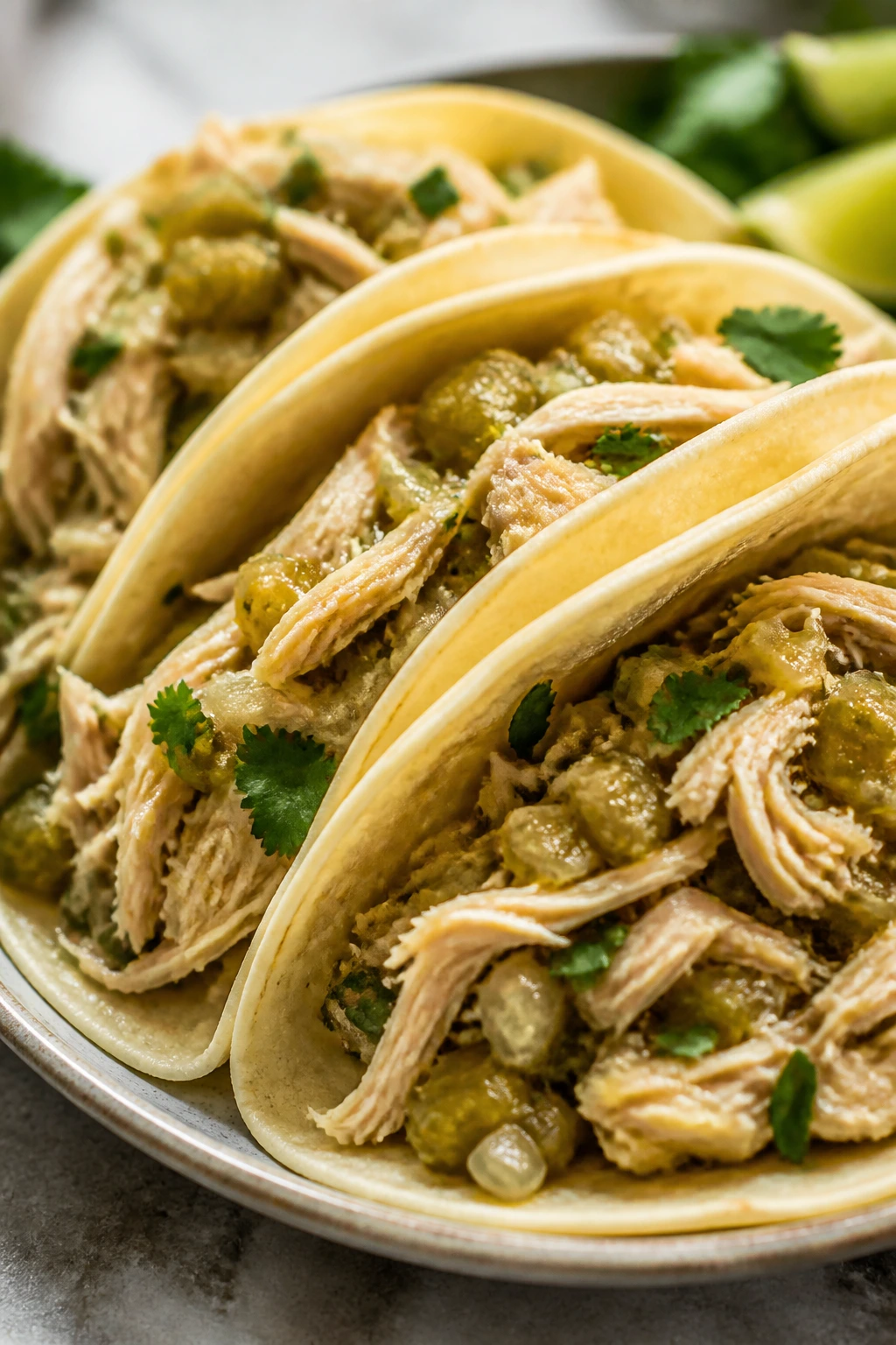 Plate of salsa verde chicken tacos on counter