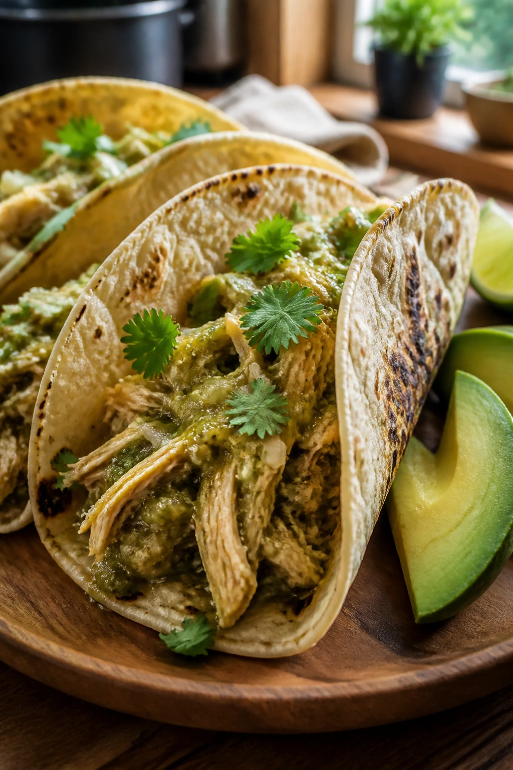 Close-up of chicken tacos with salsa verde and avocado on wooden plate