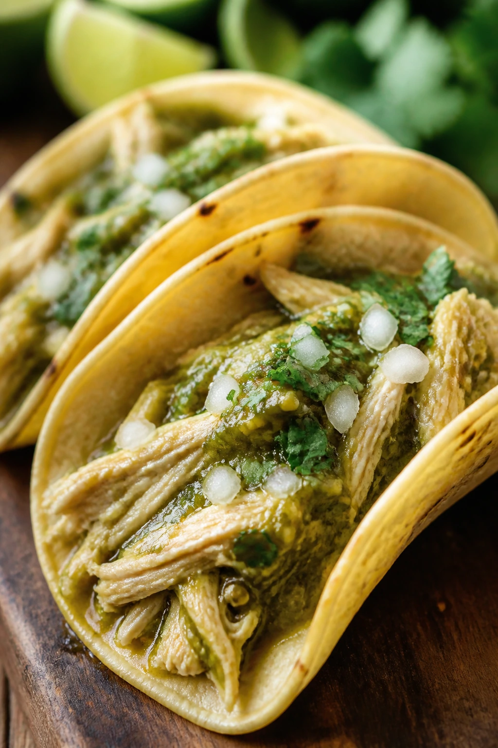 Tacos filled with shredded chicken and verde salsa on a wooden board