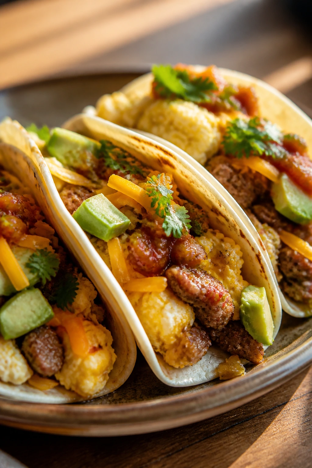 Morning light close-up of breakfast sausage tacos filled with eggs and salsa