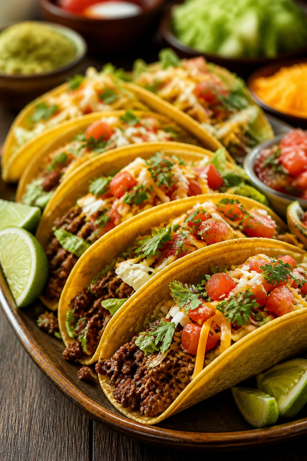 Close-up of a beef taco serving platter with bright garnishes on a wooden table