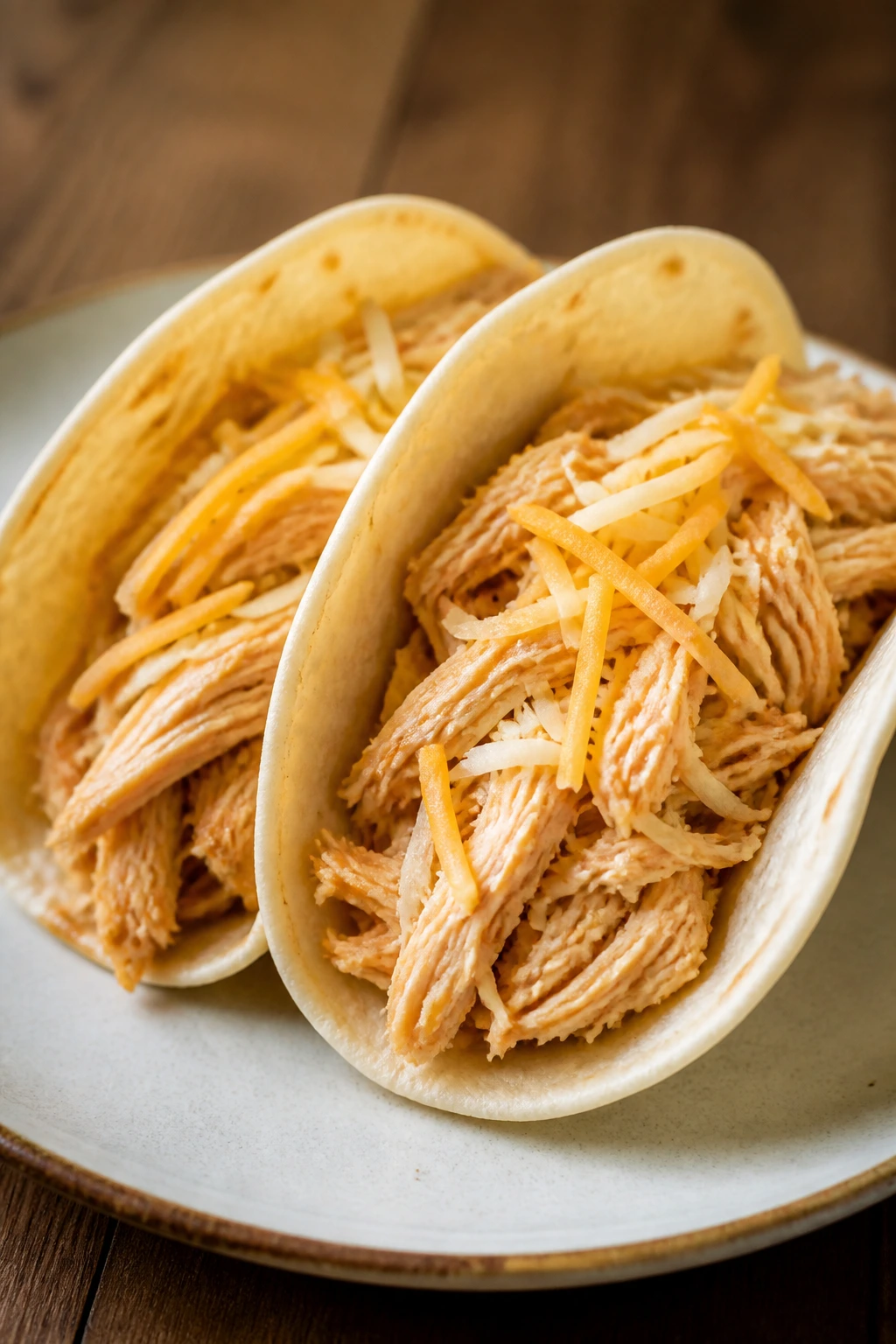 Tacos with shredded chicken on plate