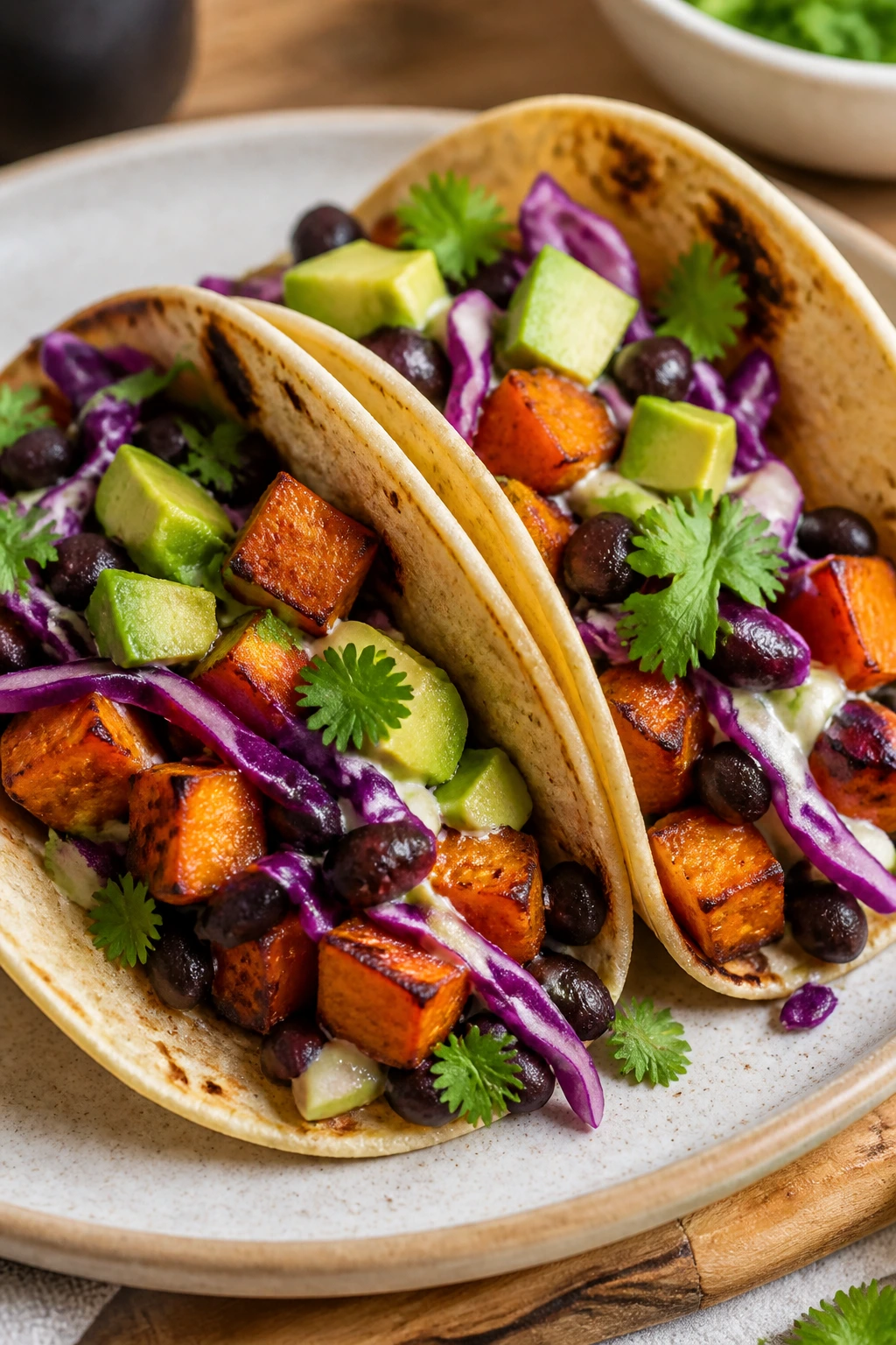 Tacos filled with roasted sweet potato and black beans on a plate