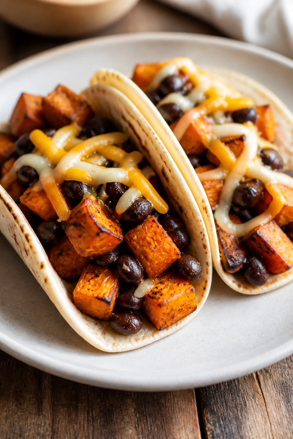 Close-up of sweet potato and black bean tacos on a plate